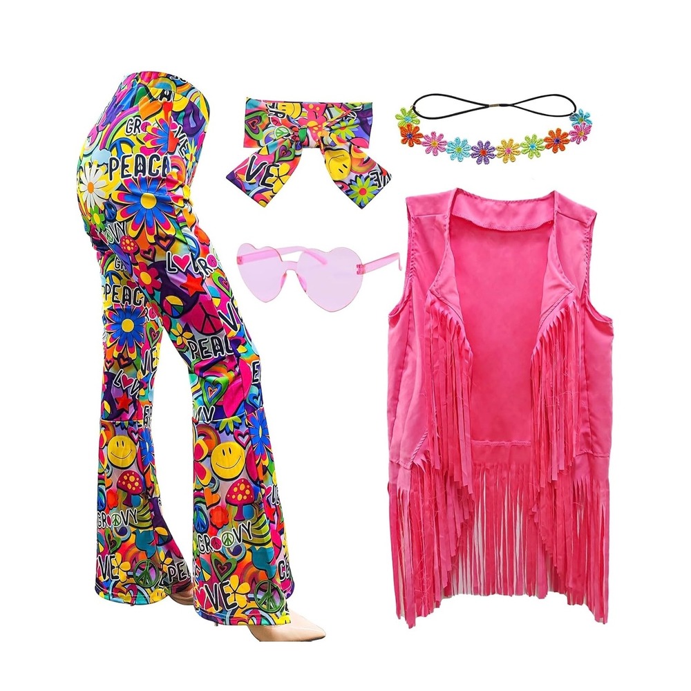 Women 70s Hippie Costume Set Pink Fringe Vest Bell Bottom Pants 6PC Set